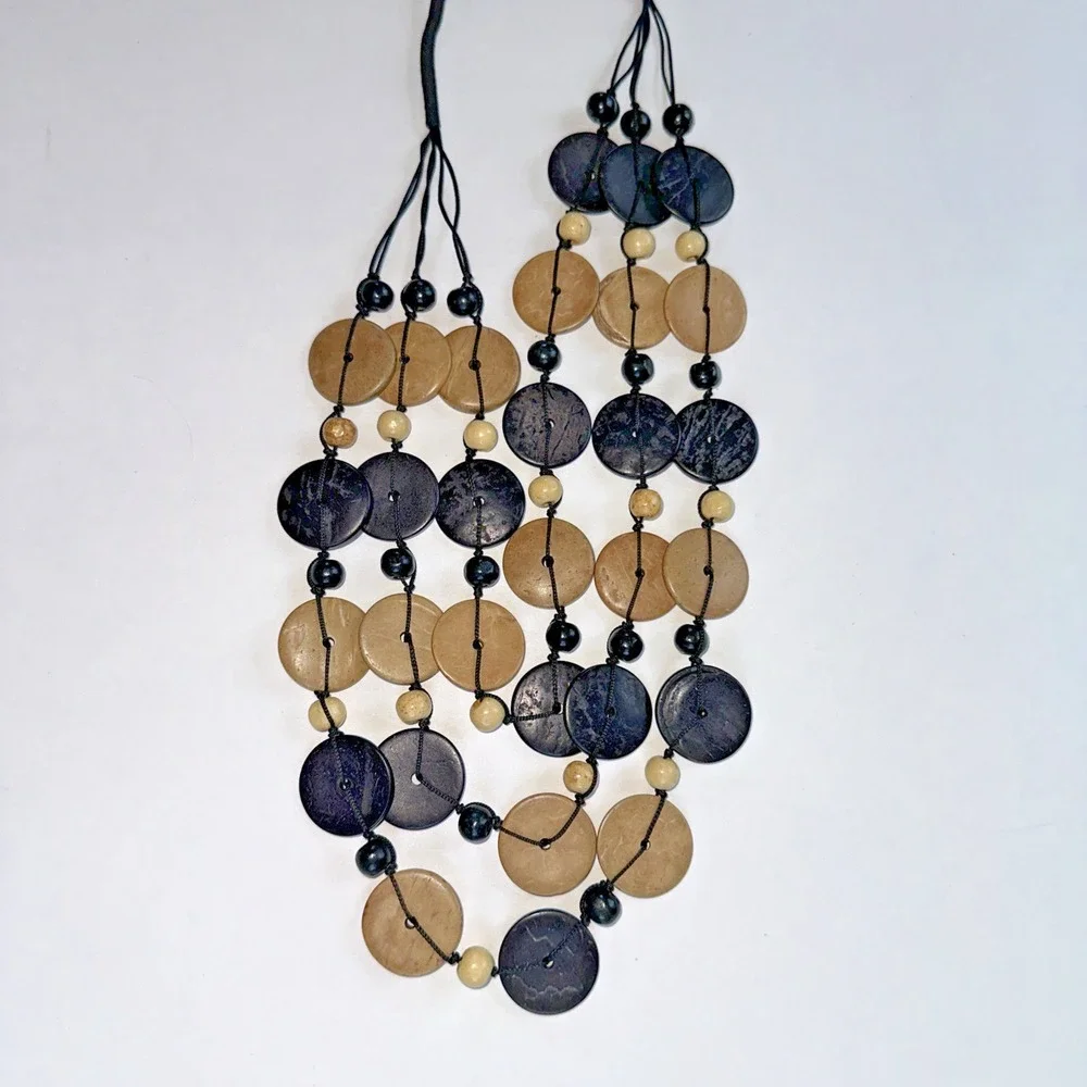 Bala Statement Necklace Women OS Black Tan NEW Wood Disc Multi-Strand Boho